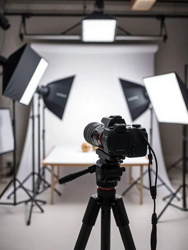 A captivating image of a photographer in action, skillfully capturing a product shot in a modern studio setting, emphasizing the precision and artistry involved in product photography.