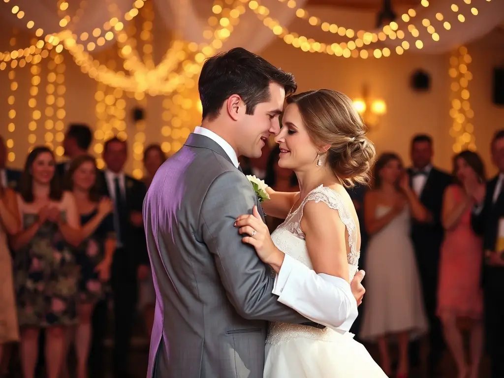 A candid shot of a bride and groom during their first dance, capturing the emotion and joy of the moment, suitable for wedding portfolios.