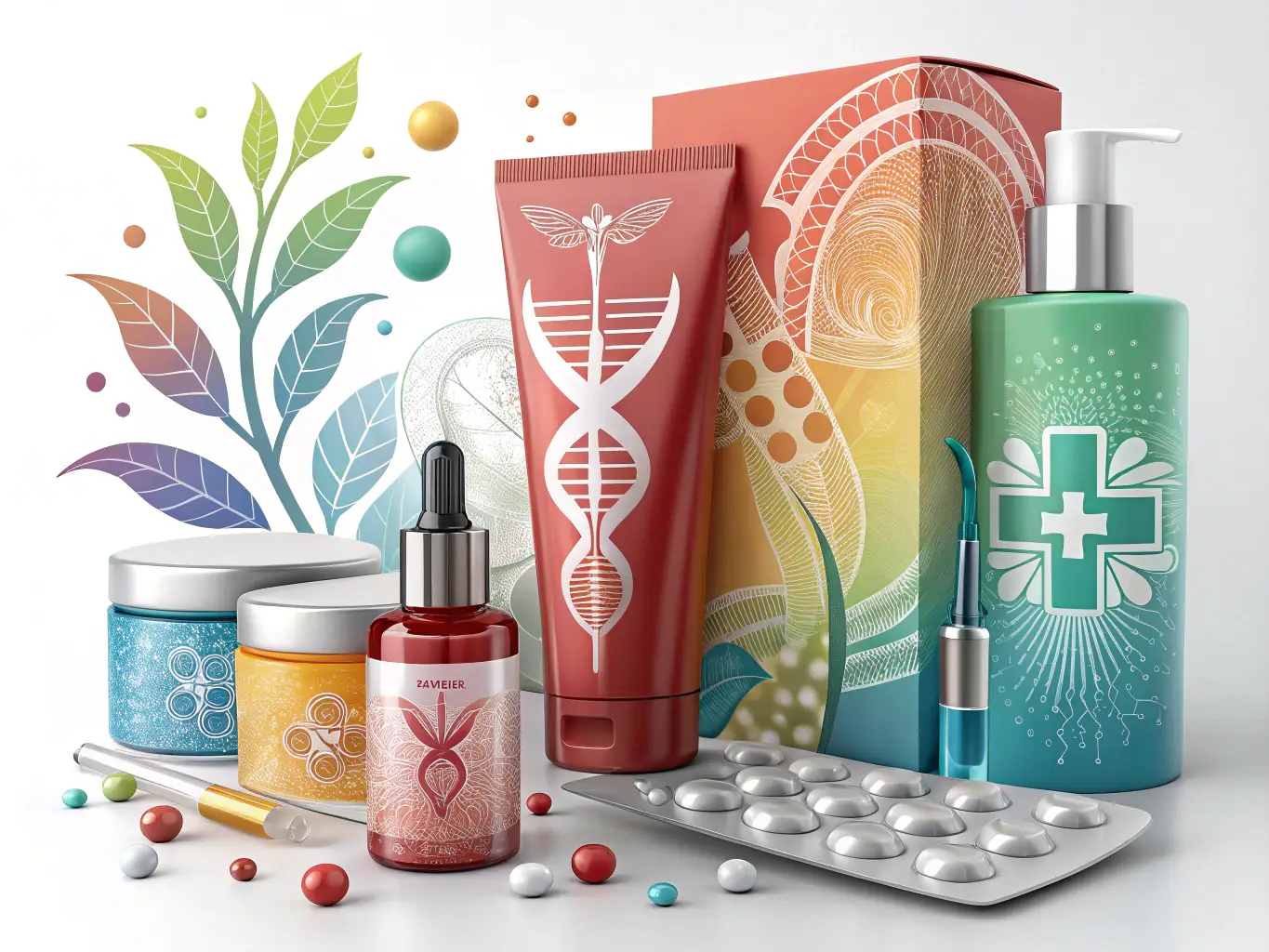 A high-quality studio shot of various products (cosmetics, electronics, food) arranged to showcase their features and appeal, suitable for e-commerce and advertising.